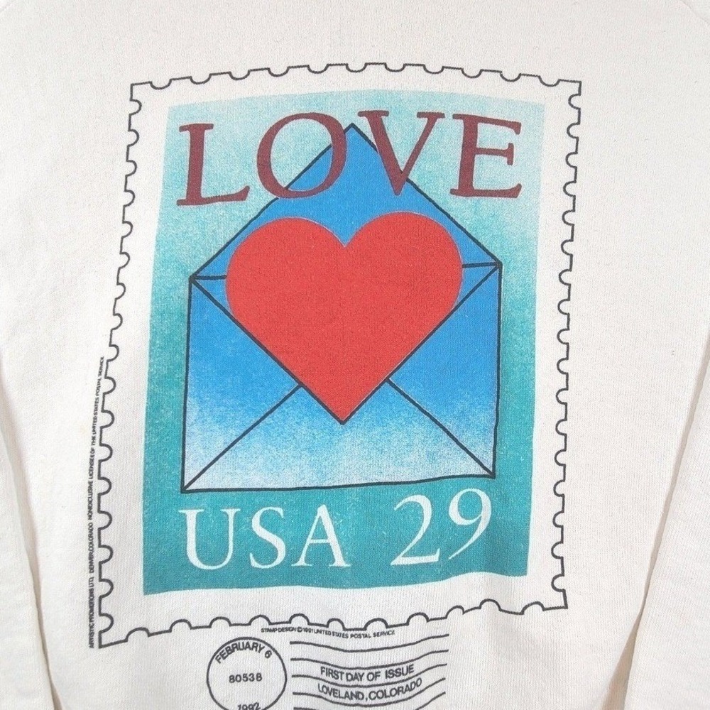 VTG 1992‎ Fruit of the Loom Love USA 29 Stamp Sweatshirt Womens XL White Graphic